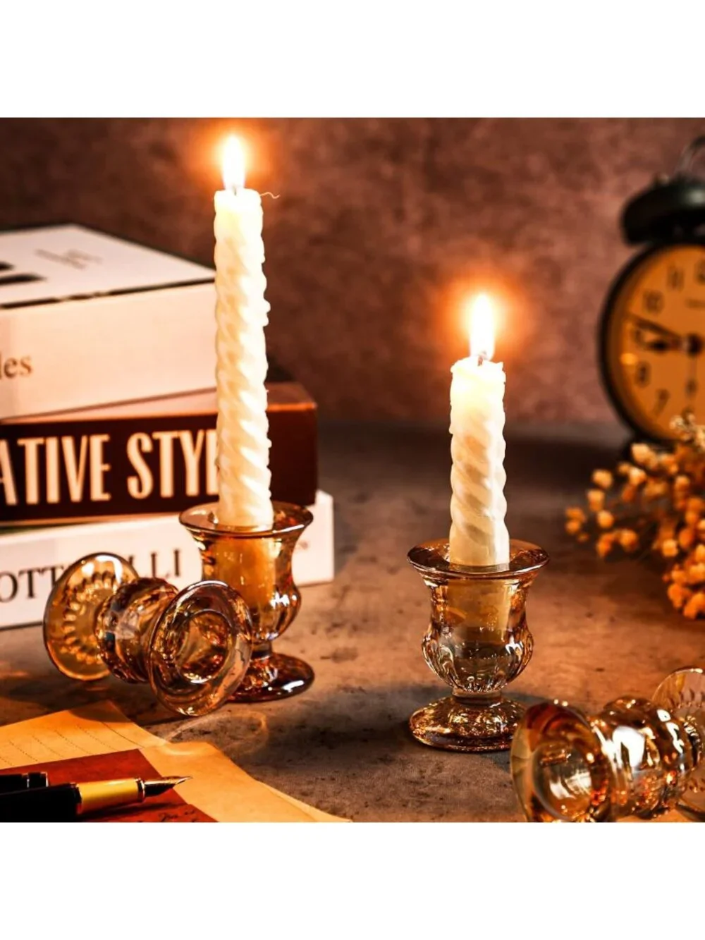 Rustic Clear Glass Taper Candle Holders - Set of 2, Vintage Centerpiece Decor